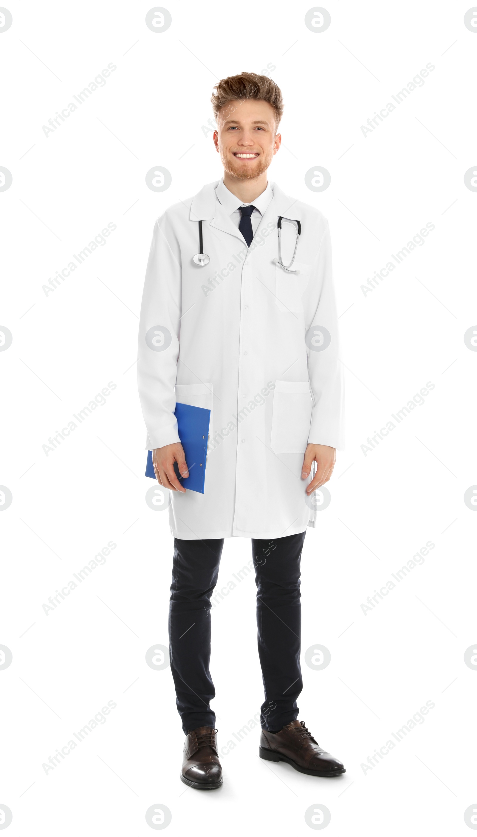 Photo of Full length portrait of medical doctor with clipboard and stethoscope isolated on white