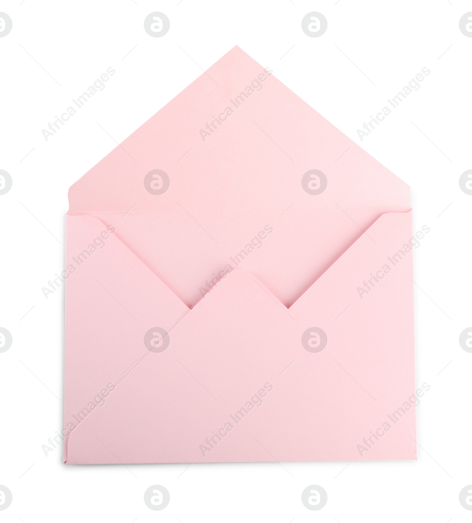 Photo of Open pink letter envelope isolated on white, top view