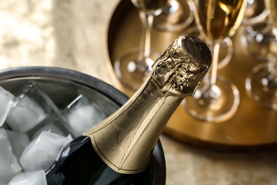 Photo of Bottle of champagne in bucket with ice cubes on table, closeup