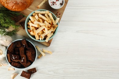 Photo of Delicious hard chucks on white wooden table, flat lay. Space for text