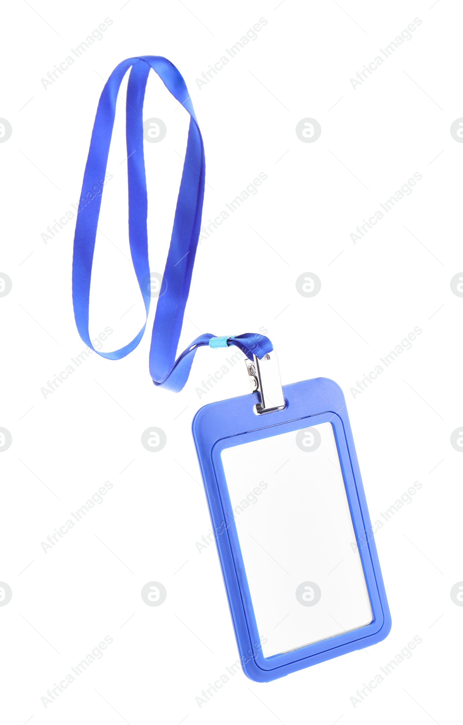 Photo of Blank blue badge with string isolated on white