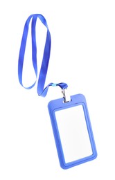 Photo of Blank blue badge with string isolated on white