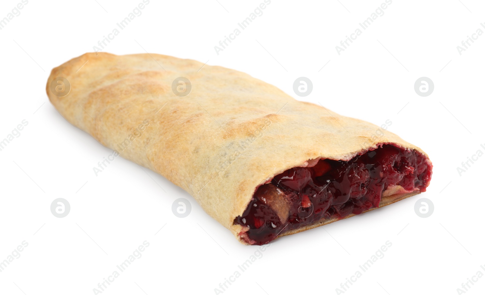 Photo of Delicious strudel with cherries isolated on white