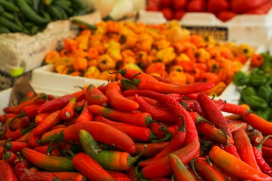 Photo of Heap of fresh Serrano peppers on counter at market, closeup. Space for text