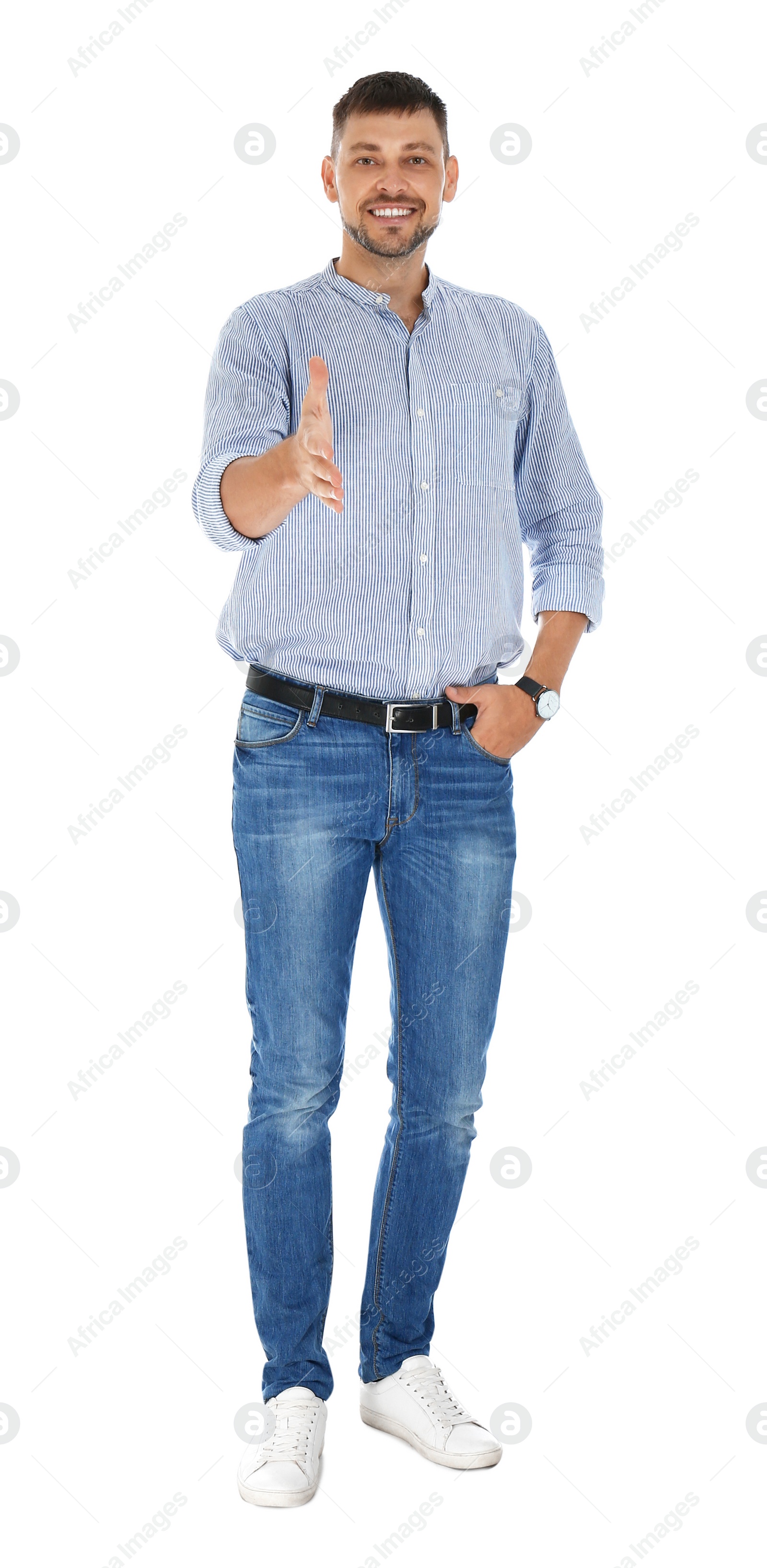 Photo of Professional business trainer reaching for handshake on white background