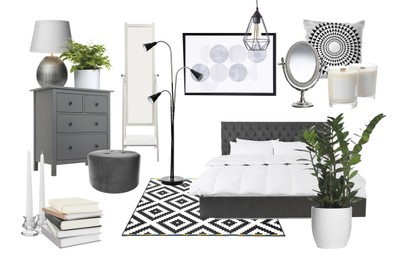 Image of Stylish bedroom interior with different decorative elements and furniture on white background. Mood board collage