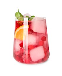 Photo of Tasty cranberry cocktail with ice cubes, mint and orange in glass isolated on white