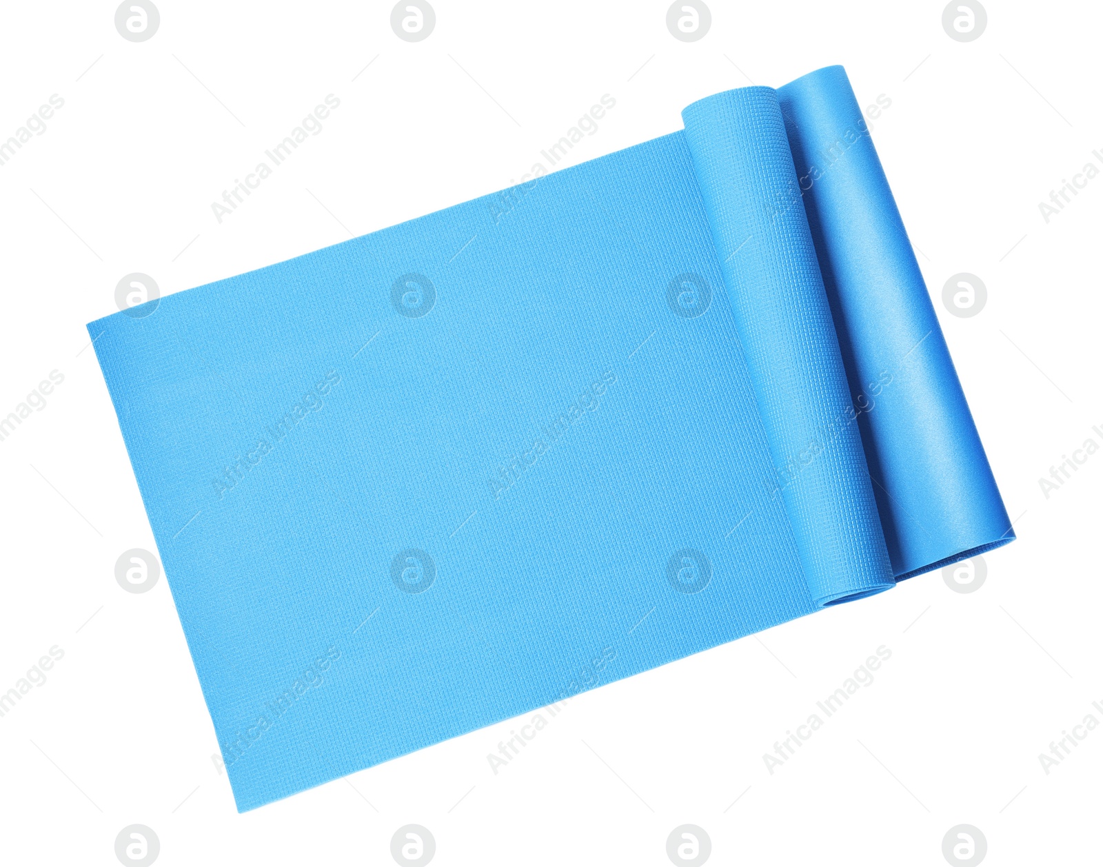 Photo of Light blue camping mat isolated on white, top view