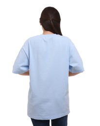 Woman in stylish light blue t-shirt on white background, back view