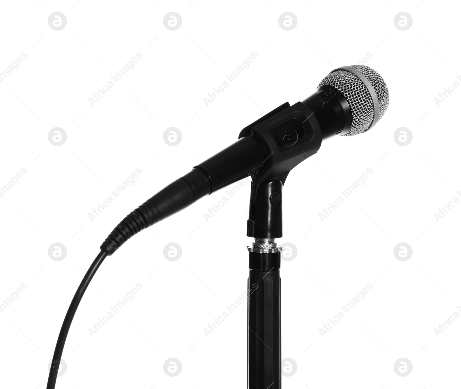 Photo of Stand with modern microphone on white background