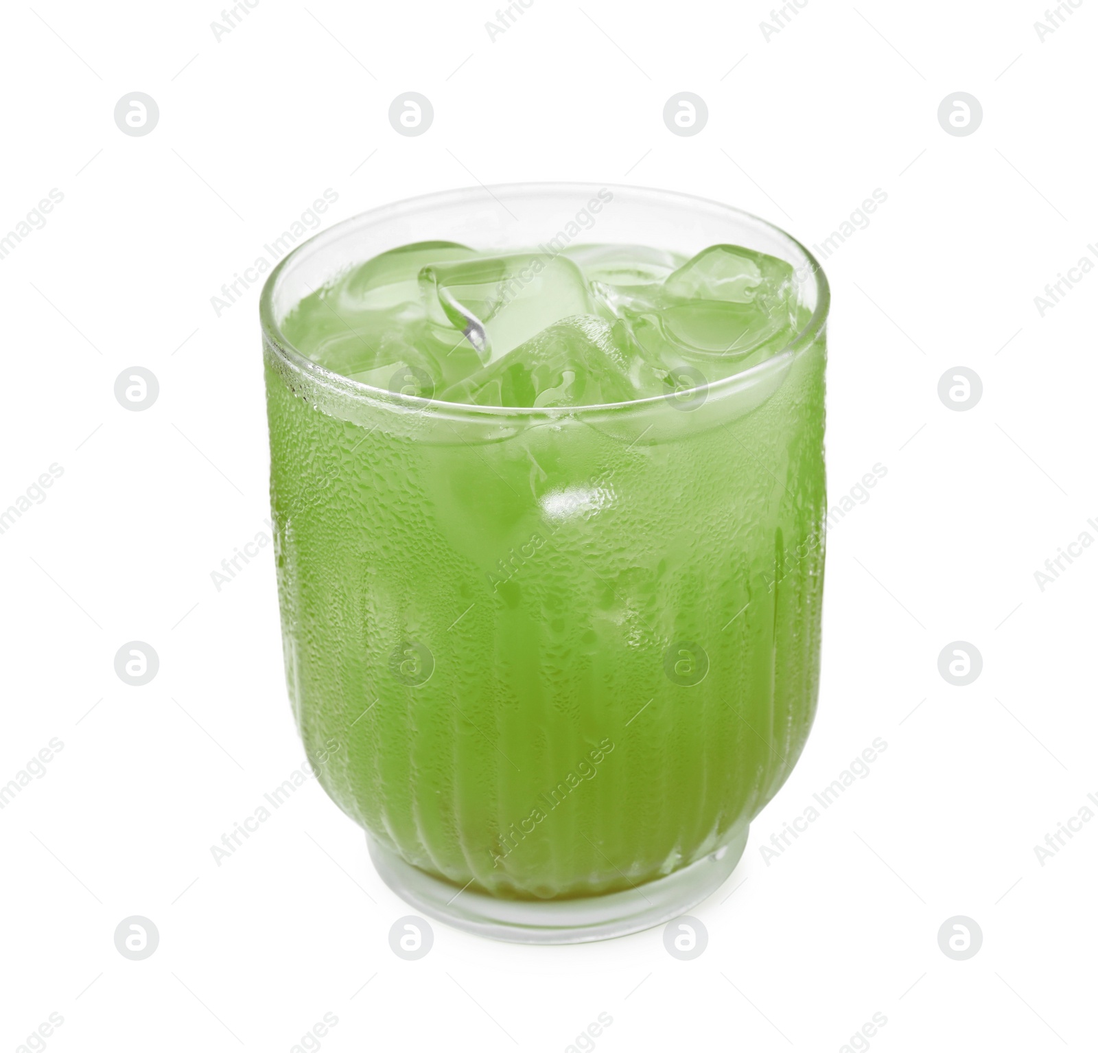 Photo of Glass of delicious iced green matcha tea isolated on white