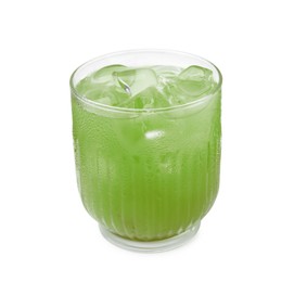 Photo of Glass of delicious iced green matcha tea isolated on white