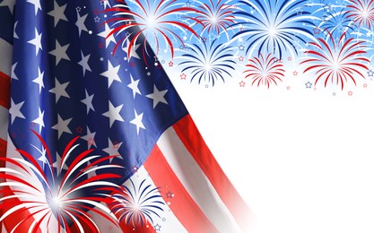 Image of 4th of july - Independence Day of USA. American national flag and fireworks on white background, space for design