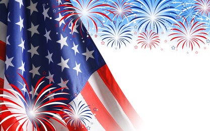 4th of july - Independence Day of USA. American national flag and fireworks on white background, space for design