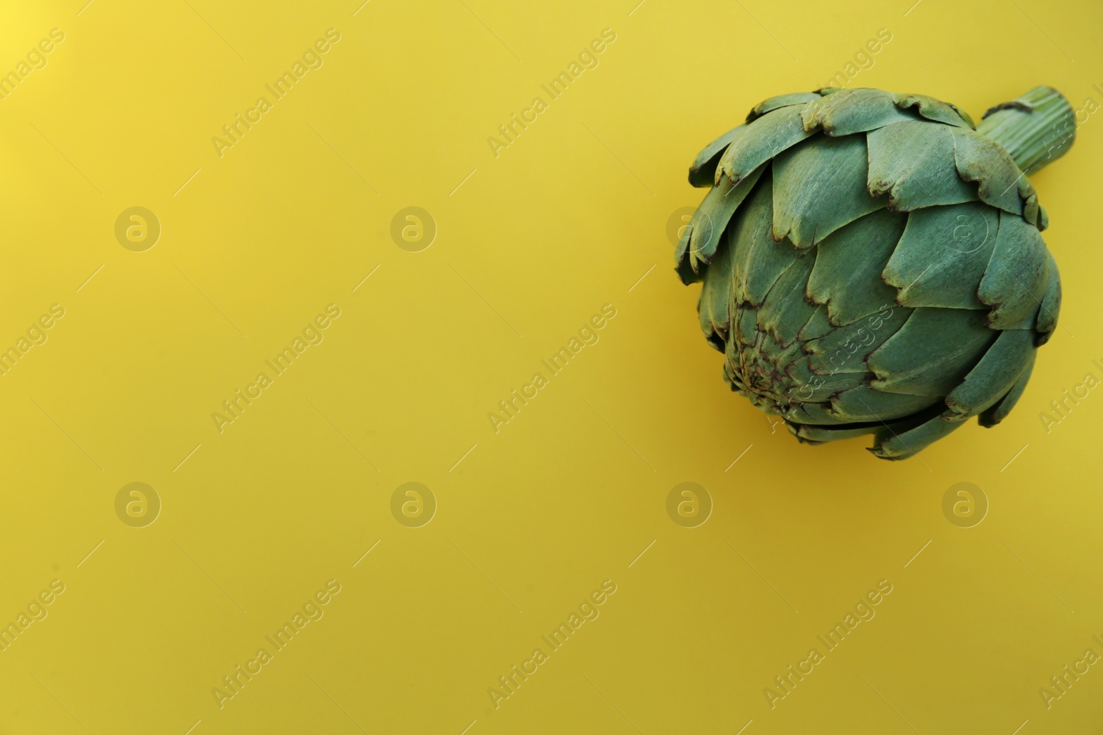 Photo of Whole fresh raw artichoke on yellow background, top view. Space for text