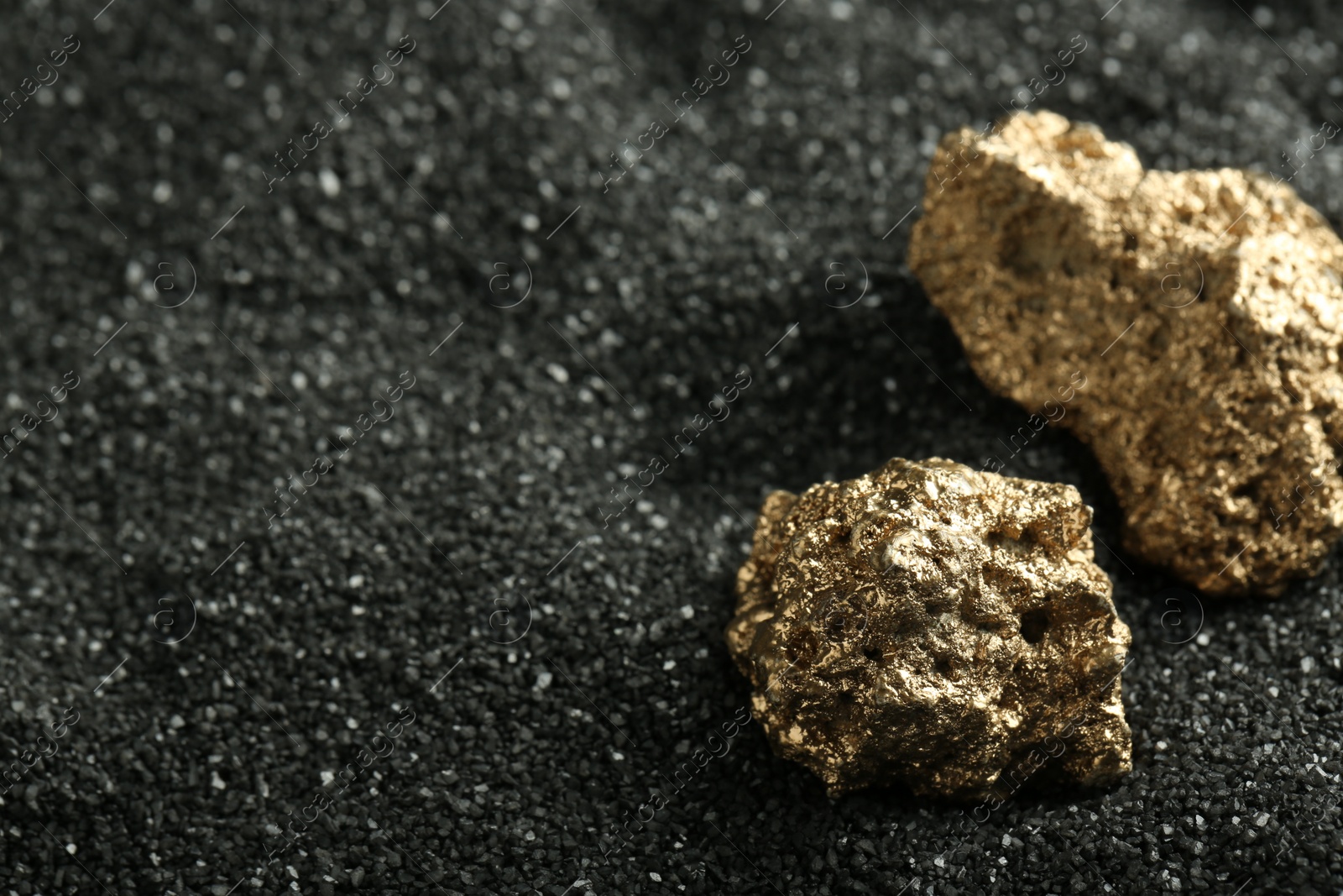 Photo of Shiny gold nuggets on black sand, closeup. Space for text