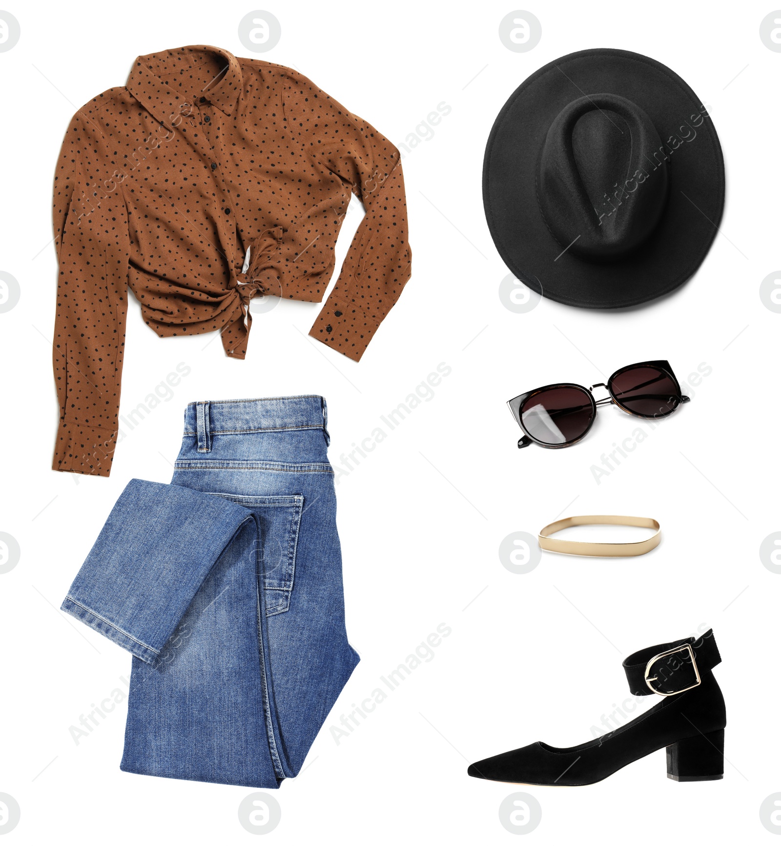 Image of Set of stylish female clothes and accessories on white background