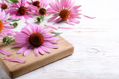 Beautiful echinacea flowers on white wooden table, space for text