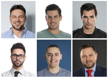 Image of Collage with portraits of handsome men on different color backgrounds