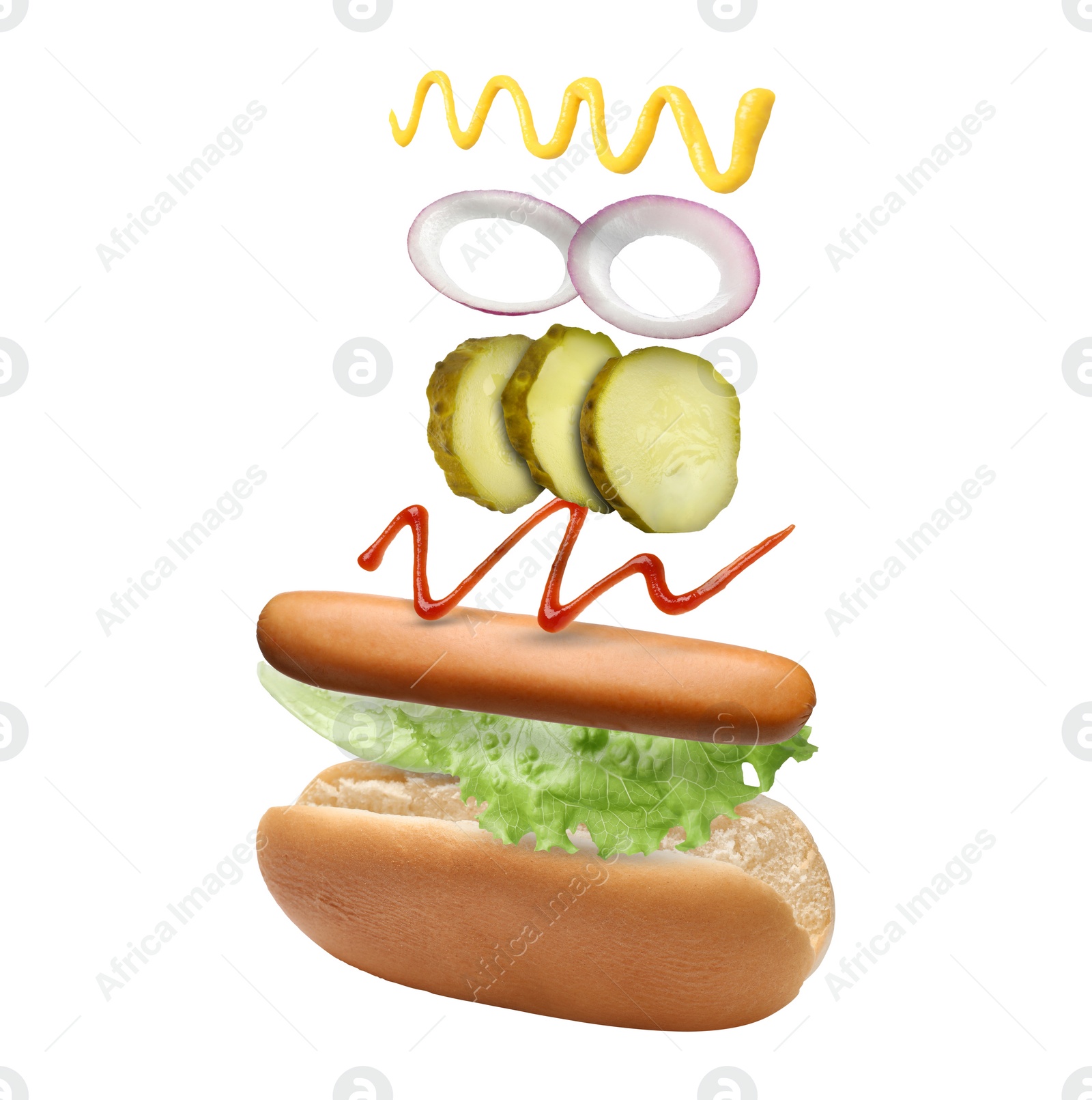 Image of Hot dog ingredients in air on white background