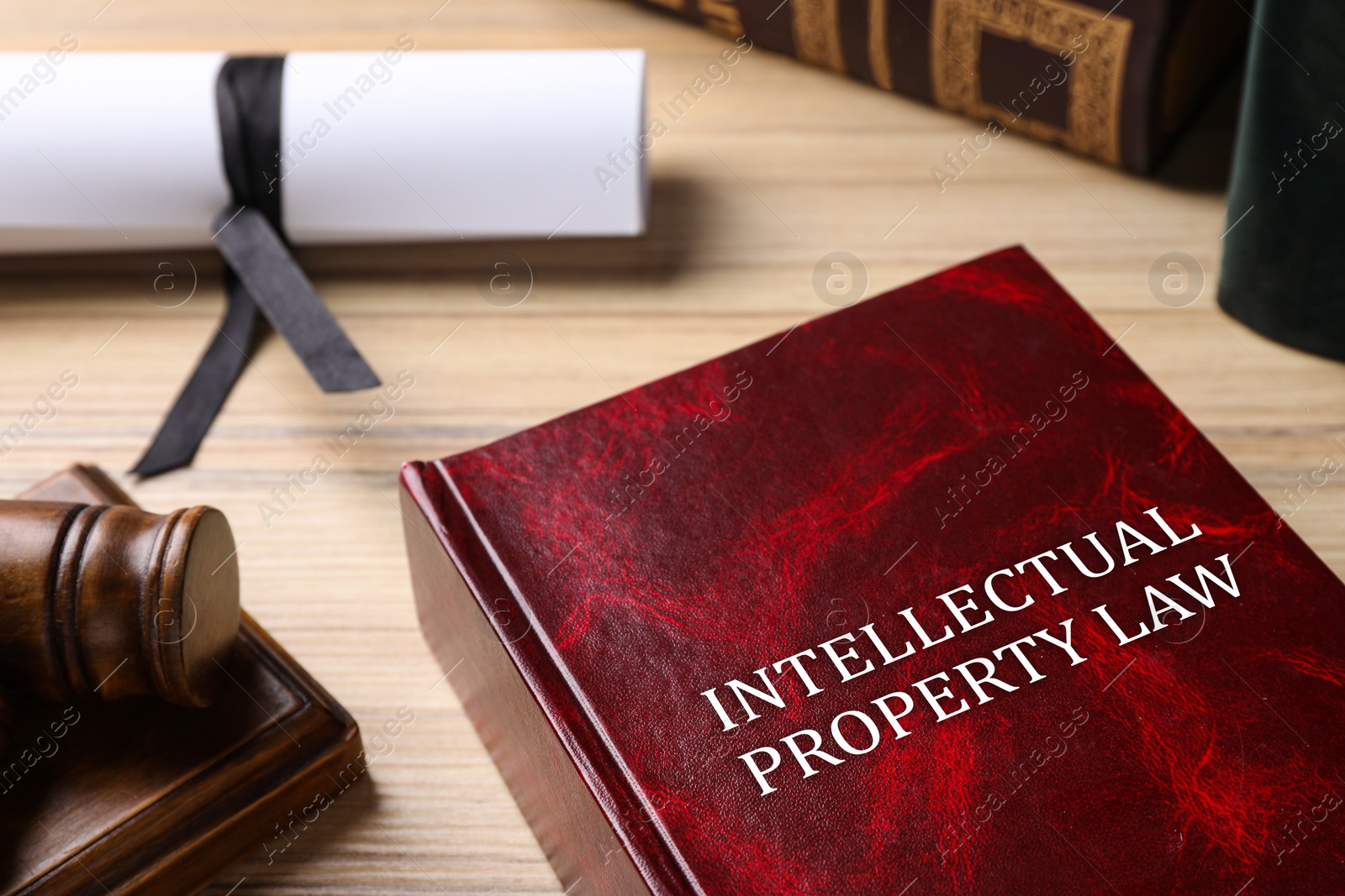 Image of Intellectual Property law book and judge's gavel on wooden table