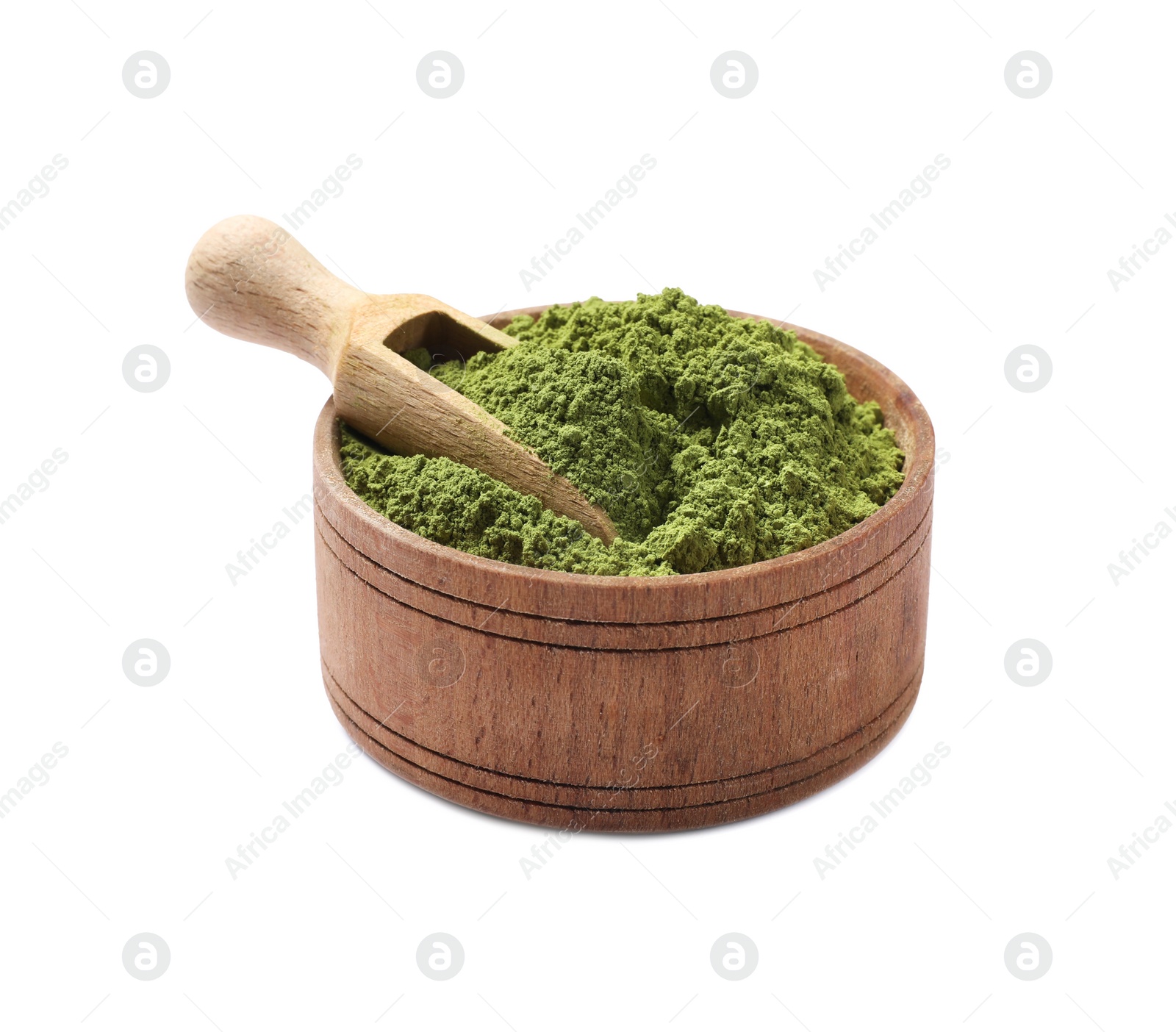 Photo of Green matcha powder in bowl and scoop isolated on white