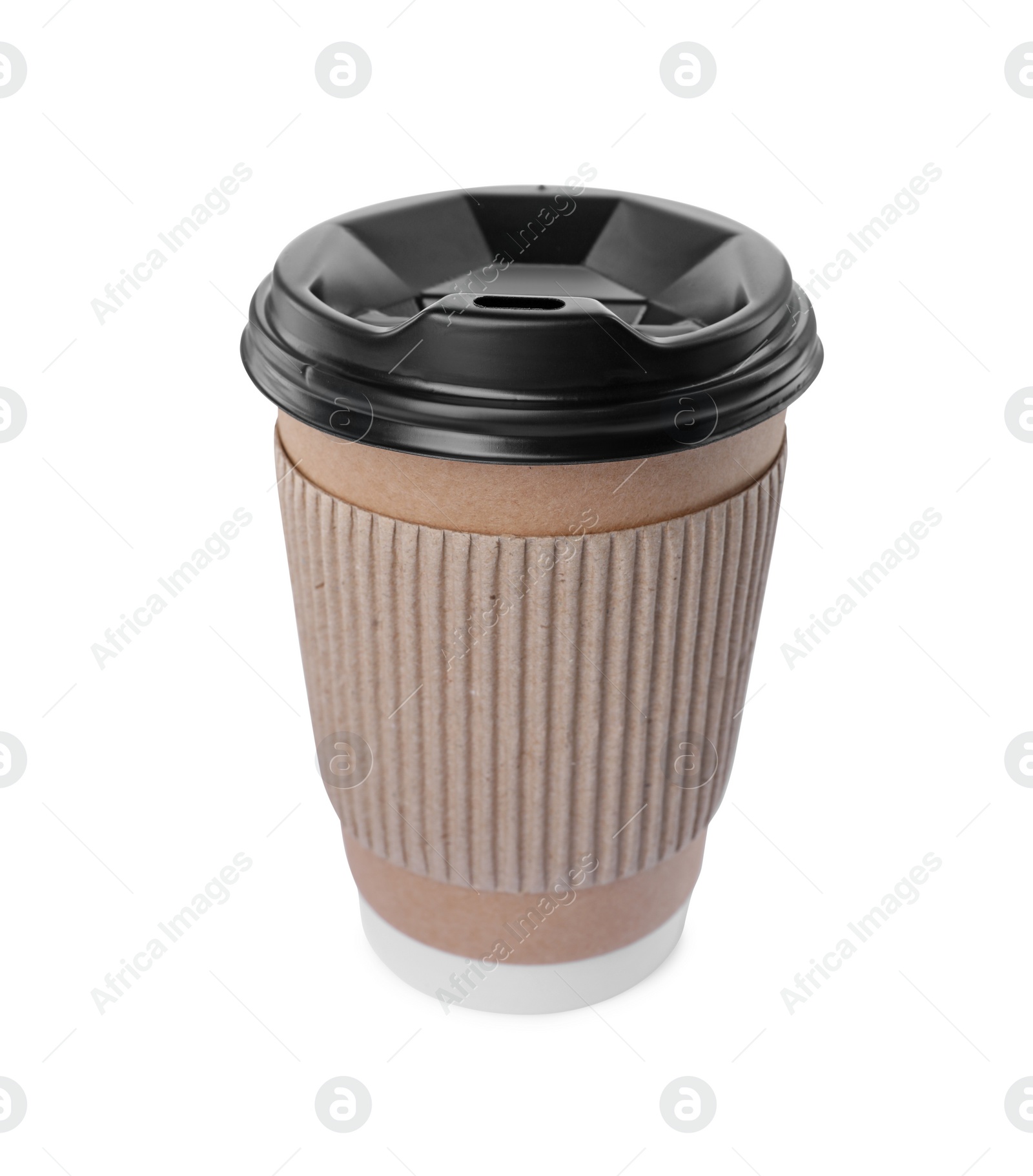 Photo of Paper cup with plastic lid isolated on white. Coffee to go