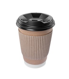 Paper cup with plastic lid isolated on white. Coffee to go