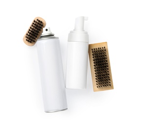 Photo of Shoe care accessories on white background, top view