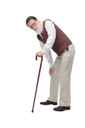 Stooped senior man with walking cane on white background