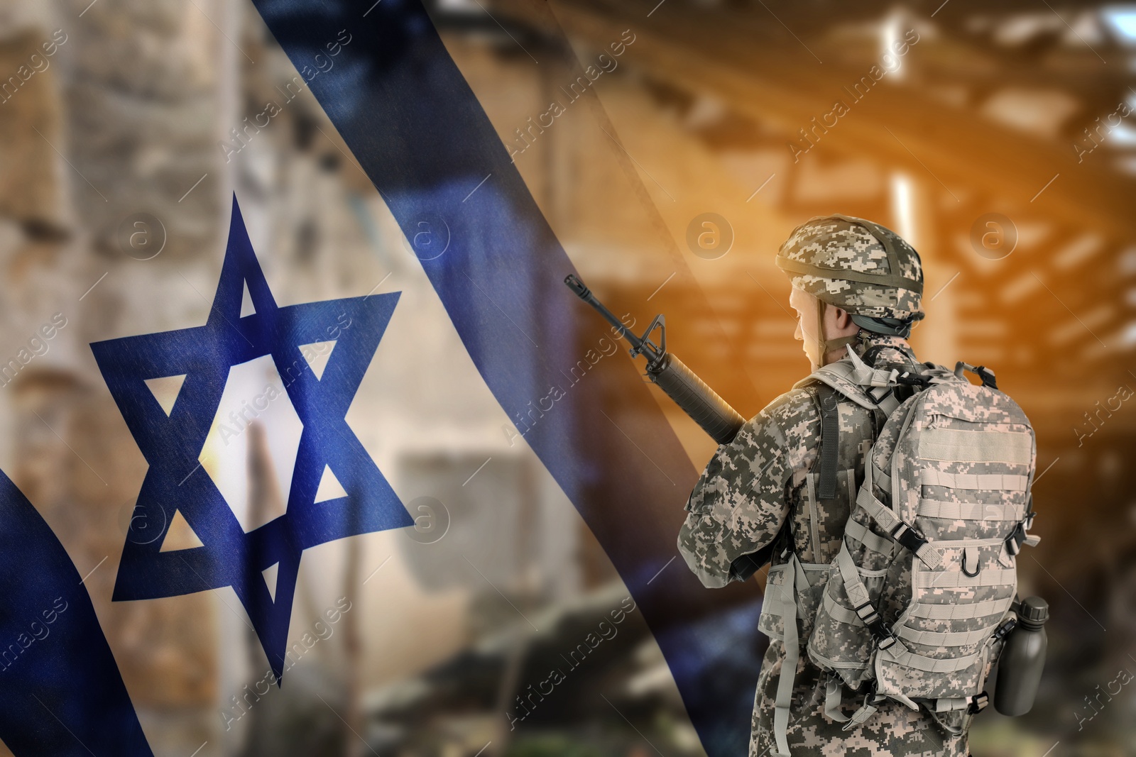 Image of Military, flag of Israel and ruined house, double exposure