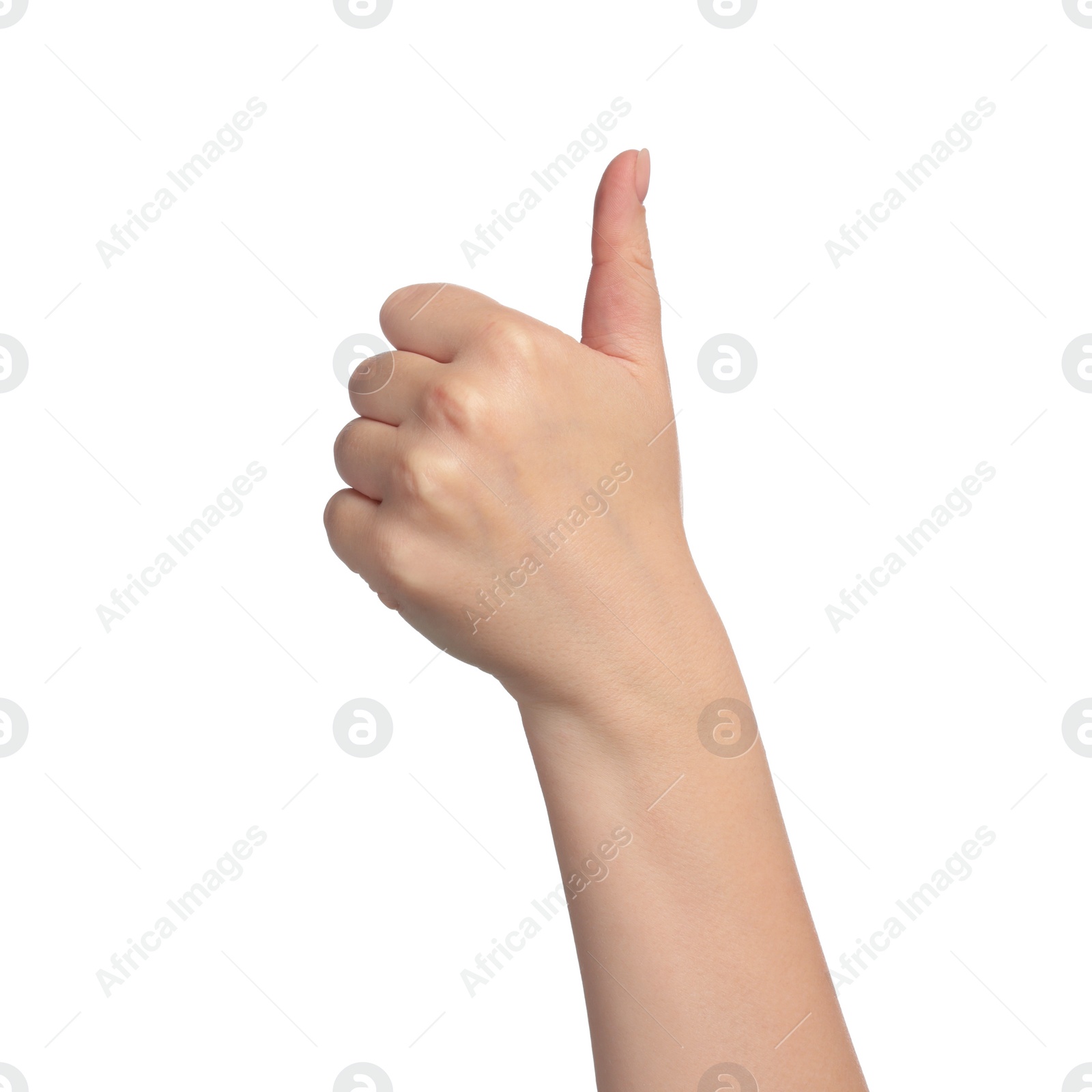 Photo of Woman showing thumb up on white background, closeup