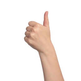 Woman showing thumb up on white background, closeup