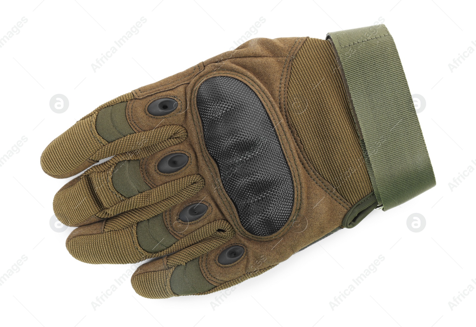 Photo of Tactical glove isolated on white, top view. Military training equipment