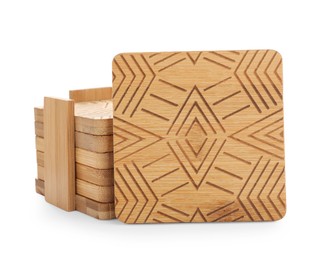 Photo of Set of stylish wooden cup coasters on white background
