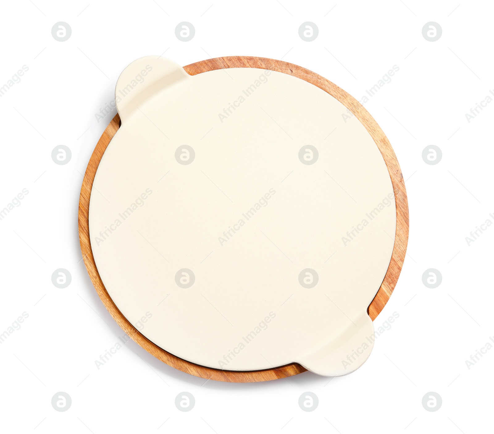 Photo of Board and tray for pizza on white background, top view