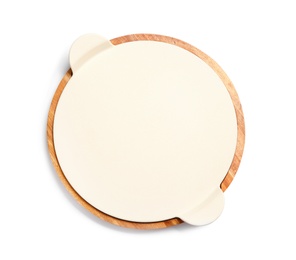 Photo of Board and tray for pizza on white background, top view