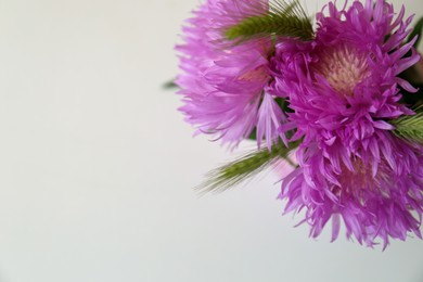 Photo of Bouquet of beautiful wildflowers on light background, closeup. Space for text