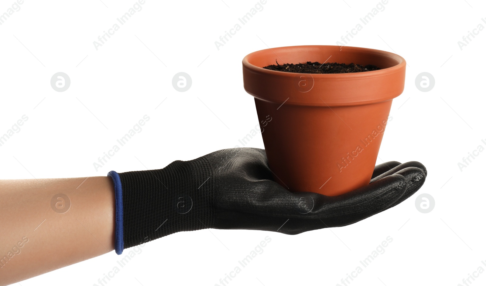 Photo of Woman holding clay flower pot on white background, closeup