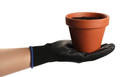 Woman holding clay flower pot on white background, closeup