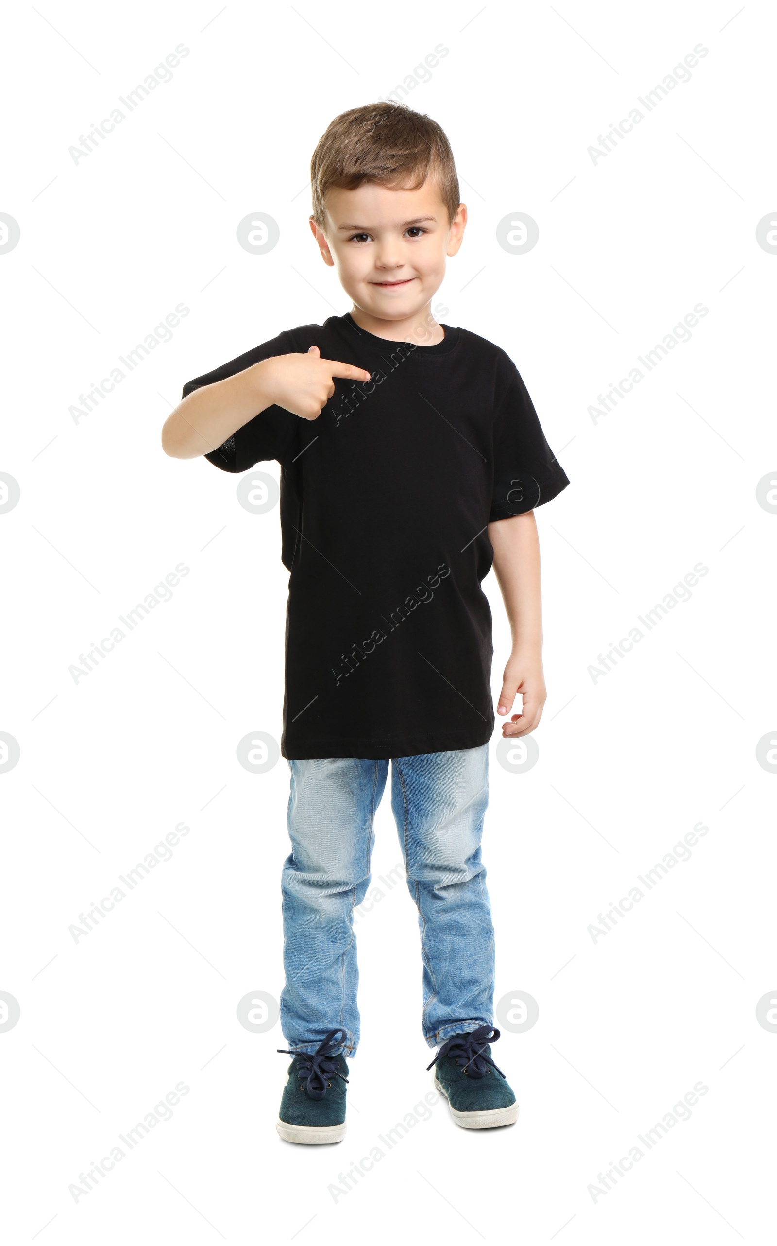 Photo of Little boy in t-shirt on white background. Mockup for design