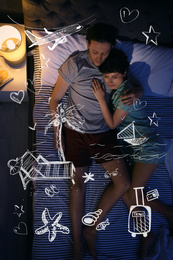 Image of Lovely couple dreaming about travel while sleeping, above view. Vacation related illustrations on foreground