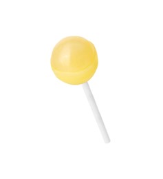 Photo of One sweet yellow lollipop isolated on white