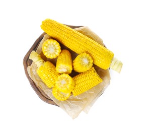 Tasty cooked corn cobs on white background, top view