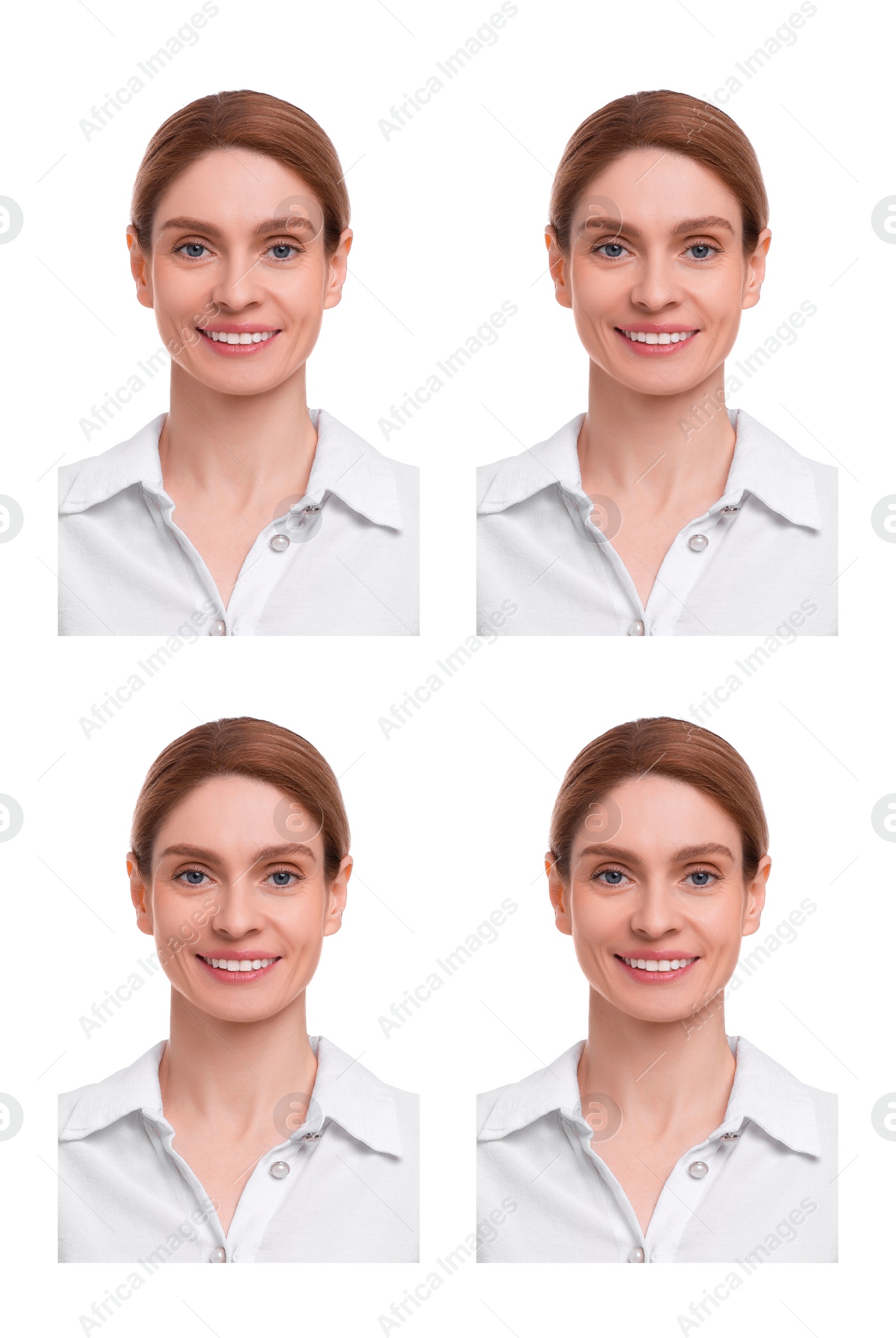 Image of Passport photo, collage. Woman on white background, set of photos