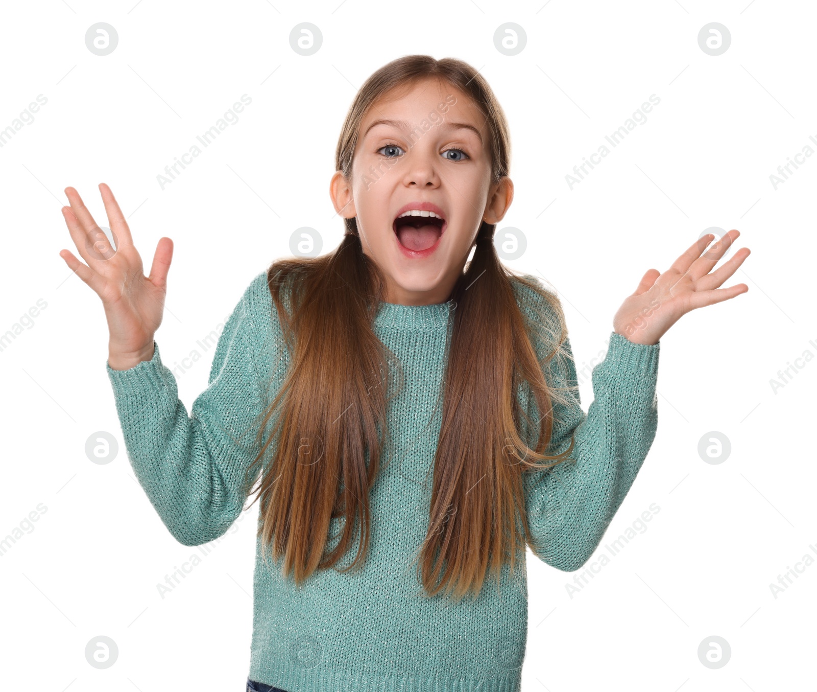 Photo of Portrait of surprised girl on white background