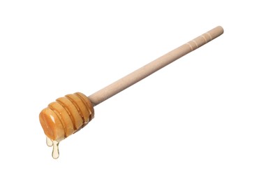 Photo of Natural honey dripping from dipper on white background