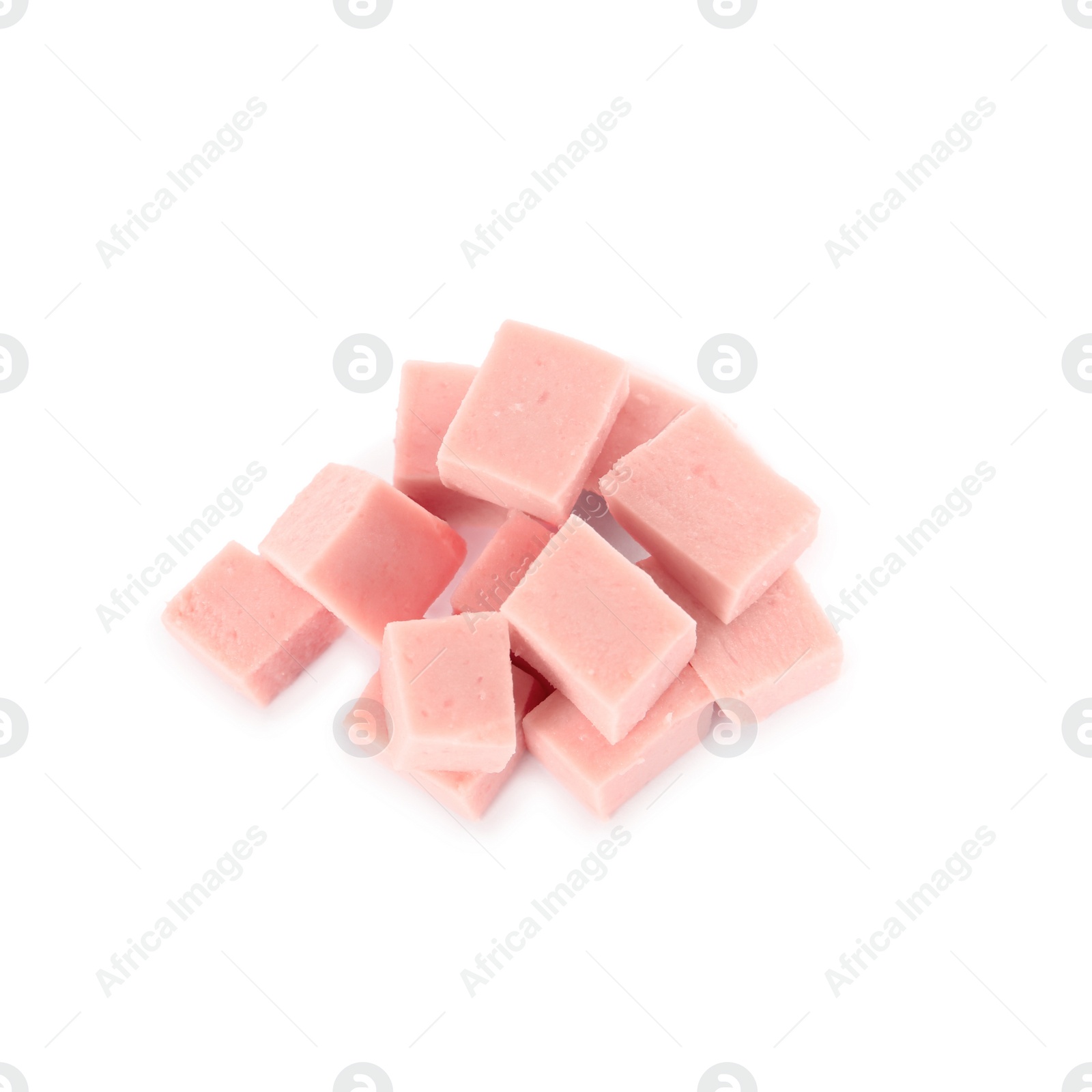 Photo of Pieces of delicious boiled sausage on white background, top view