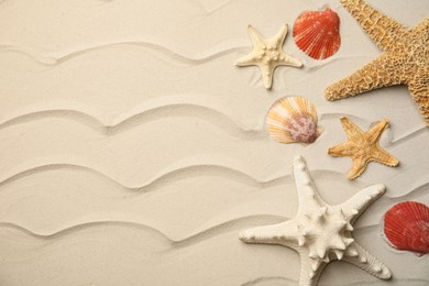 Photo of Beautiful sea stars and shells on sand, flat lay. Space for text