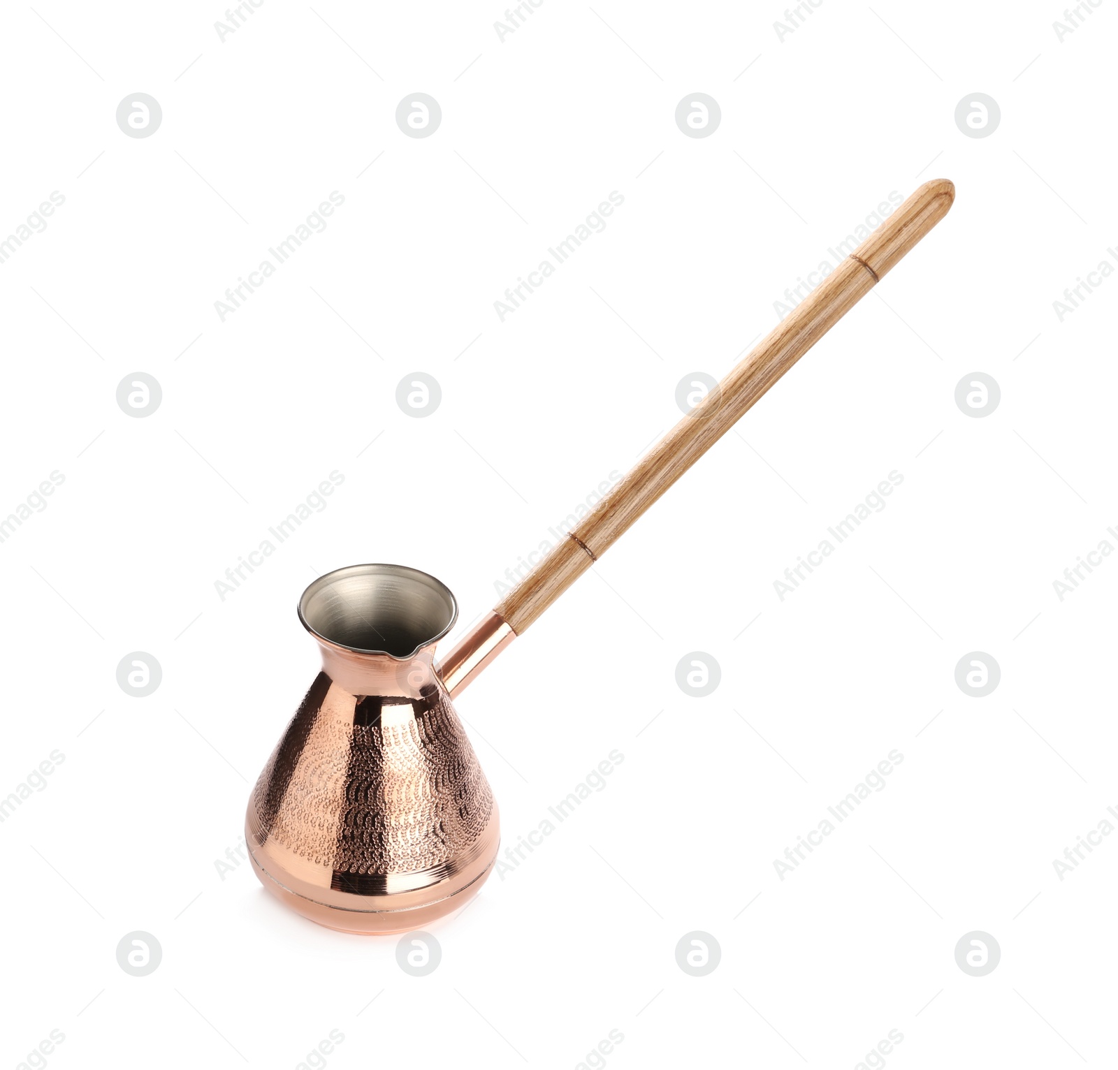 Photo of Beautiful copper turkish coffee pot with wooden handle isolated on white